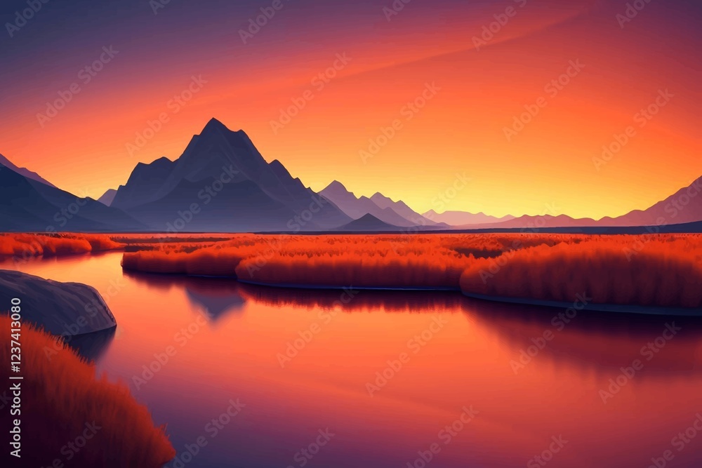 Fototapeta premium Beautiful and Peaceful Nature Scenery Illustration Landscape Countryside Tranquil Vibrant and Colorful
