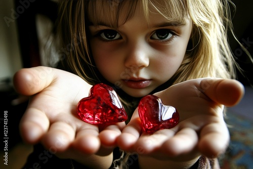 Commercial digital ads idea. Ð¡hildren valentine's day greeting card: child girl with begging eyes face holds red heart in hands. Sign of love. Heartwarming family moment. Love and celebration. photo