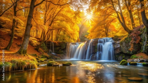 Golden hues of autumn fade slowly across a serene landscape as sunlight filters through the vibrant yellow leaves of trees surrounding a gentle waterfall, waterfalls, nature scenery