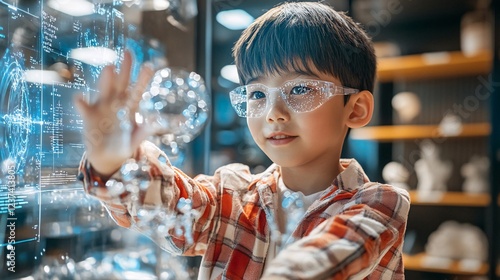 Child exploring holographic display, future tech museum