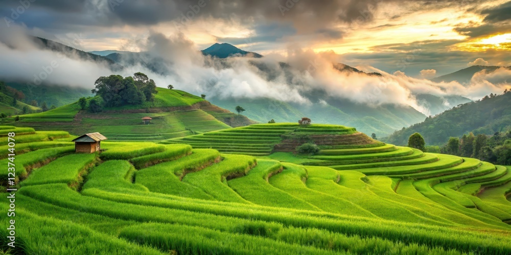 Fototapeta premium Rolling hills of emerald green rice fields with a few misty clouds floating above, Countryside