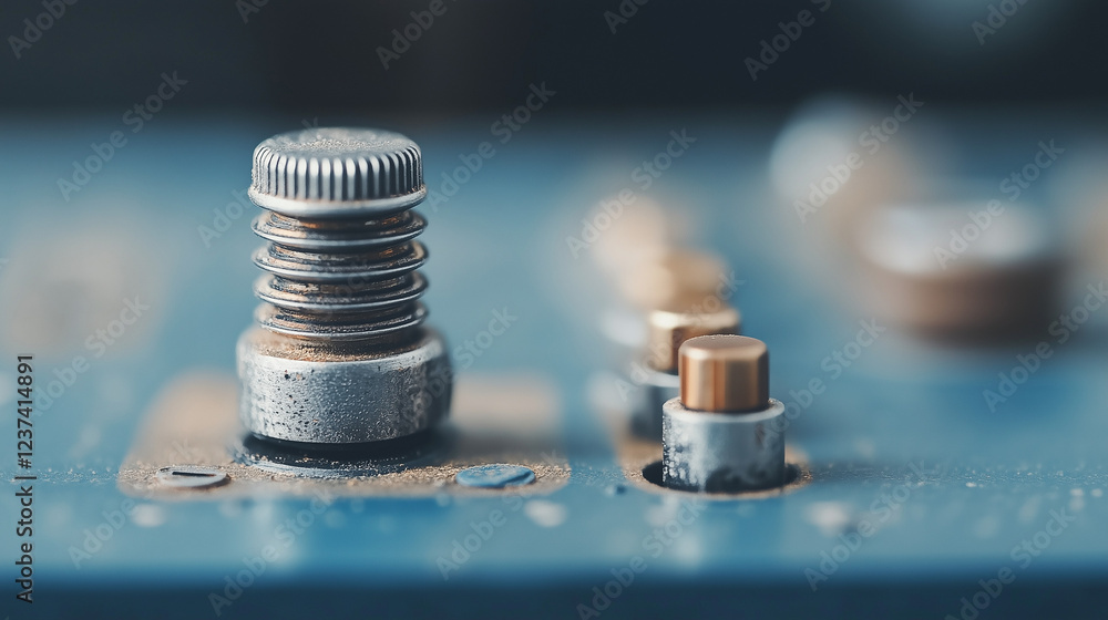 Industrial Knob: A close-up of a weathered, metal knob with a spring, resting atop a faded blue panel. It's a reminder of bygone industrial machinery. Industrial Knob: A close-up of a weathered, metal knob with a spring, resting atop a faded blue panel. It's a reminder of bygone industrial machinery.