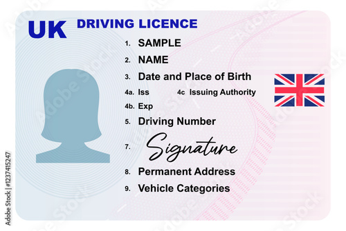 UK driving licence illustration with female silhouette isolated on white background. Person driver license.