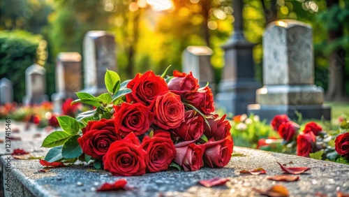 A grave surrounded by a sea of vibrant red roses