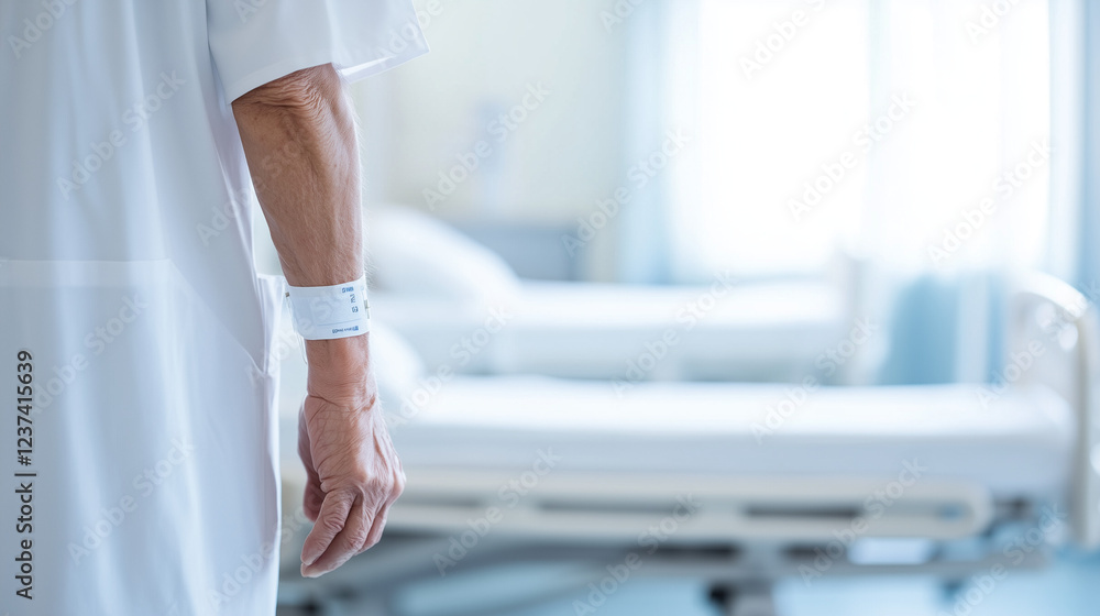 Fototapeta premium Patient's Perspective: A solitary hand adorned with a hospital wristband, captured in a closeup. The empty hospital bed in the background creates a poignant image of illness, recovery.