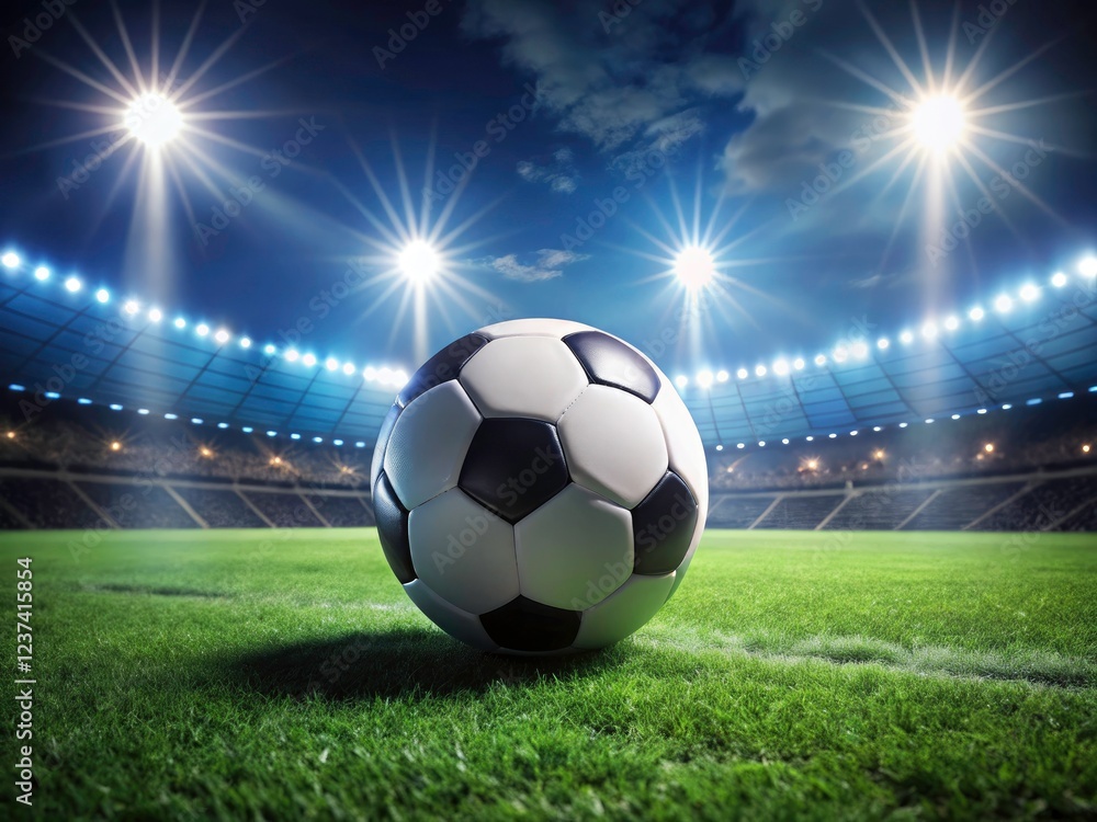 Fototapeta premium Under dramatic stadium lights, a close-up soccer ball awaits the kickoff; tense anticipation before the night game begins.