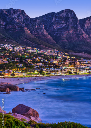 Vertical Shot of Camps Bay Beach with Twelve Apostles Mountain in the Background, Cape Town, South Africa