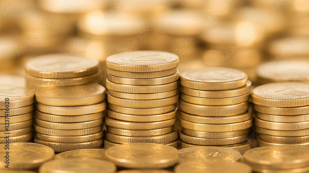 Golden Prosperity: A close-up, abstract view of a pile of gleaming golden coins, meticulously stacked in ascending order, evokes a sense of wealth, prosperity, and financial success. Golden Prosperity: A close-up, abstract view of a pile of gleaming golden coins, meticulously stacked in ascending order, evokes a sense of wealth, prosperity, and financial success.