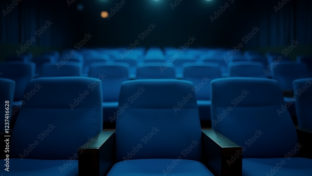 Fototapeta premium Empty blue auditorium seats awaiting an audience, symbolizing anticipation and quiet focus, perfect for theatre or cinematic related promotions
