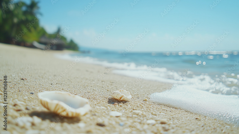 Seashells on Sandy Shore: A serene closeup of two delicate seashells nestled on pristine white sand, kissed by the gentle caress of turquoise ocean waves. Seashells on Sandy Shore: A serene closeup of two delicate seashells nestled on pristine white sand, kissed by the gentle caress of turquoise ocean waves.