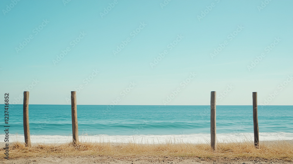 Fototapeta premium Ocean View Through Wooden Posts: A serene seascape captured through a simple frame of weathered wooden posts. The tranquil ocean waves lap gently against the sandy shore.