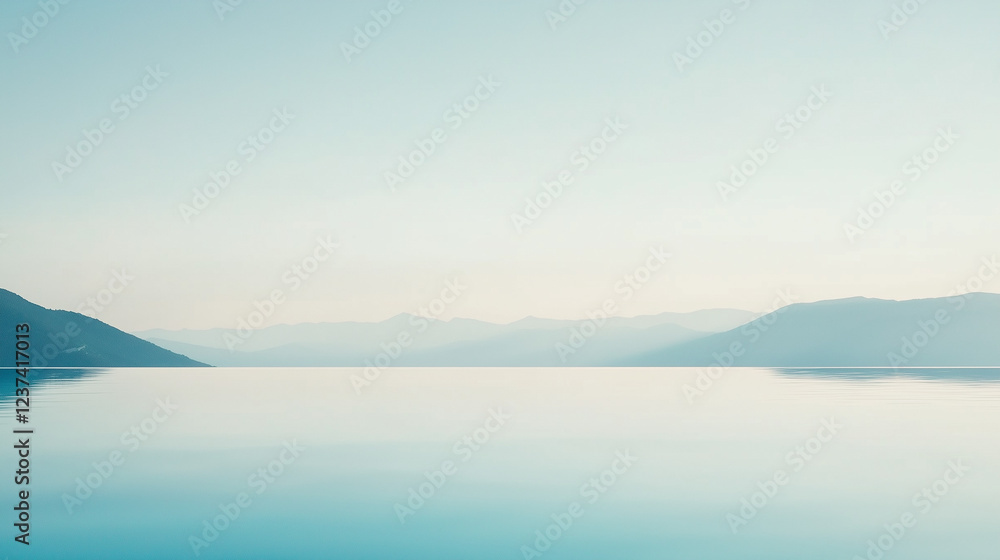 Obraz premium Serene Mountain Lake Reflection: A tranquil scene of a calm lake reflecting a hazy mountain range under a soft, pale sky. The image evokes a sense of peace and serenity. 