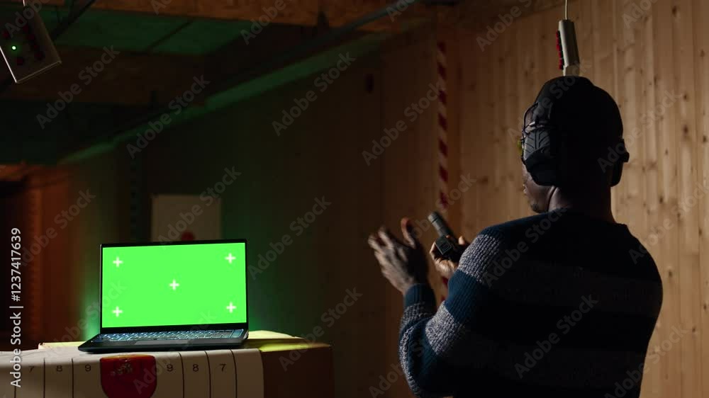 Chroma key notebook and shooting range customer reloading pistol ...