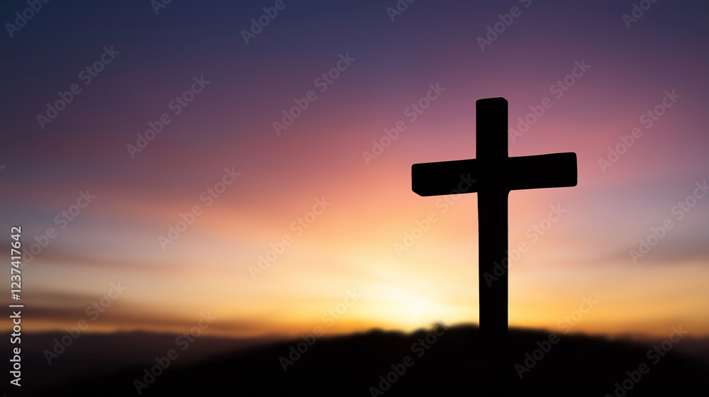 Christian cross standing on hill at sunset symbolizing faith and hope Christian cross standing on hill at sunset symbolizing faith and hope