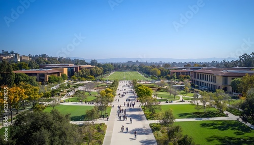 University Campus Aerial View Showing Students and Buildings
