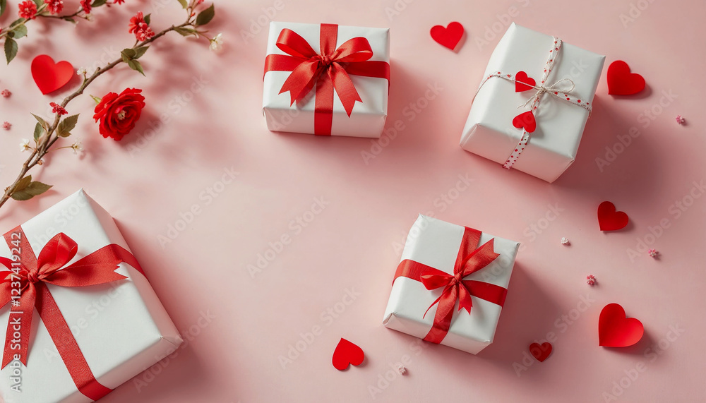 Romantic Valentine's Day gifts on a pastel pink background Romantic Valentine's Day gifts on a pastel pink background