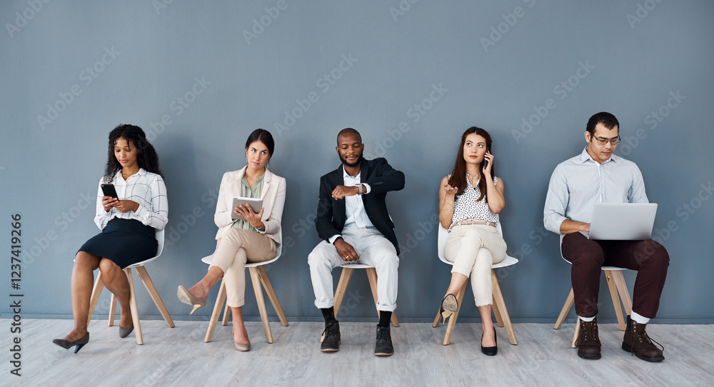 Obraz premium Row, business and people online for job interview with resume, recruitment process and application. Candidates, digital and waiting room for hr meeting, corporate feedback and time on gray background