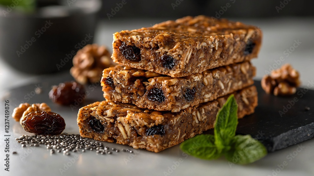 Three Homemade Granola Bars with Walnuts and Raisins Three Homemade Granola Bars with Walnuts and Raisins