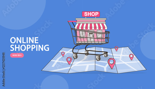 E-commerce marketplace concept. A shopping cart containing a small shop sits on a map with location pins, representing an online-to-offline strategy or finding local stores for online shopping.