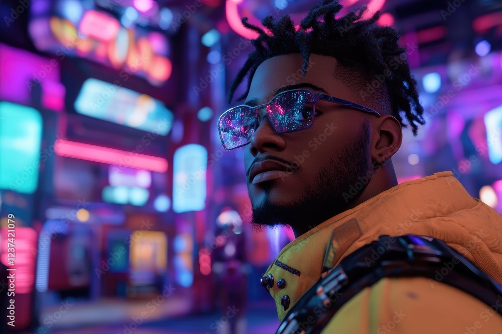 Cyberpunk Cityscape: A Stylish Portrait of a Man in Neon Lights Cyberpunk Cityscape: A Stylish Portrait of a Man in Neon Lights