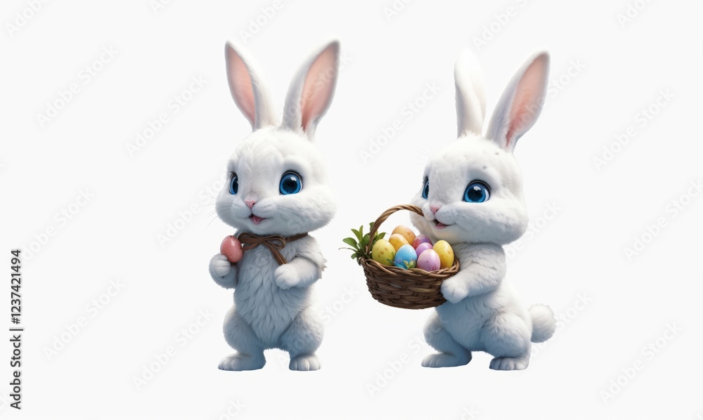 Fototapeta premium Bunny carrying a basket easter eggs on white background
