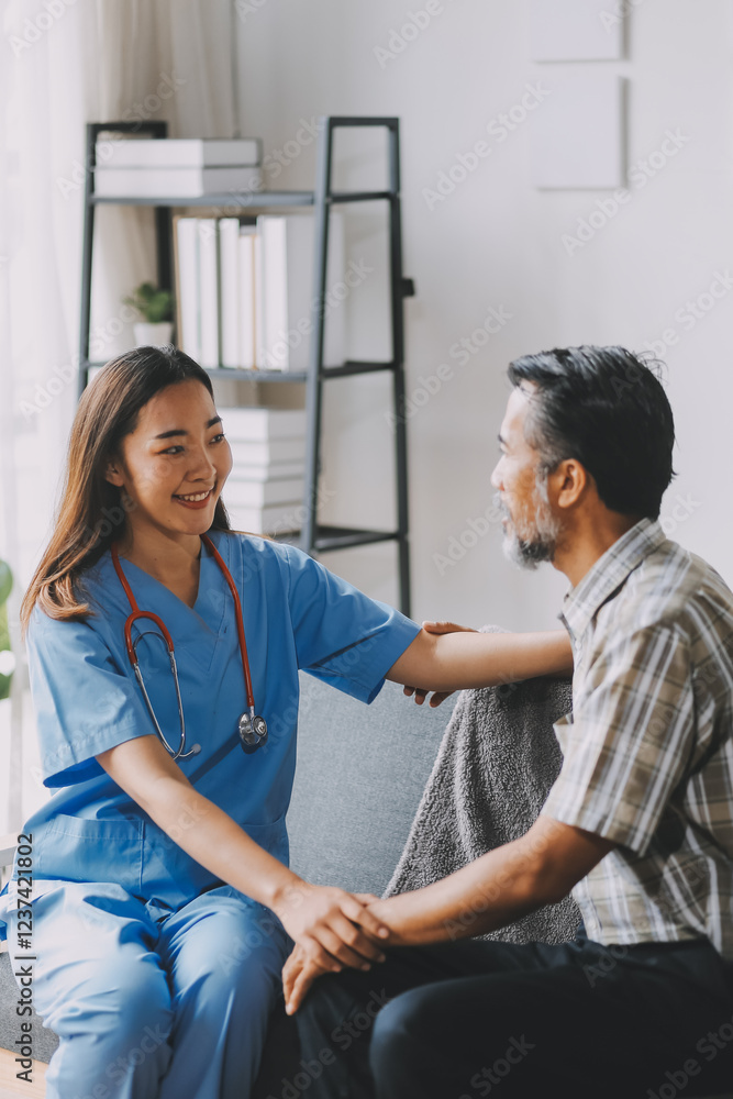 Speed Up Recovery From Injuries or Illness with Physical Therapy for Seniors. A female physiotherapist in-home care visit to massage muscle tension in the body or sprain Speed Up Recovery From Injuries or Illness with Physical Therapy for Seniors. A female physiotherapist in-home care visit to massage muscle tension in the body or sprain