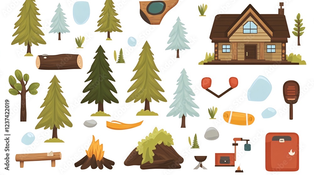 Fototapeta premium Cozy Cabin, Forest, Camping Gear, Winter Wonderland