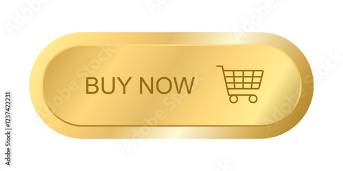 Gold Buy Now Button with cart icon, Golden Luxury banner or sticker, Vector glossy for online shop, Certificate label and tag with shiny and Glitter on Gold badge