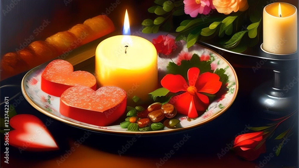 Obraz premium Valentine's Day romantic dinner with candle-decorated, floral and delicious food.
