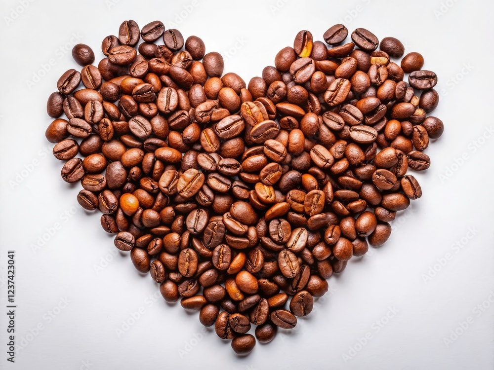 Overhead view: a heart formed from coffee beans, perfectly showcased against a bright white backdrop. Overhead view: a heart formed from coffee beans, perfectly showcased against a bright white backdrop.