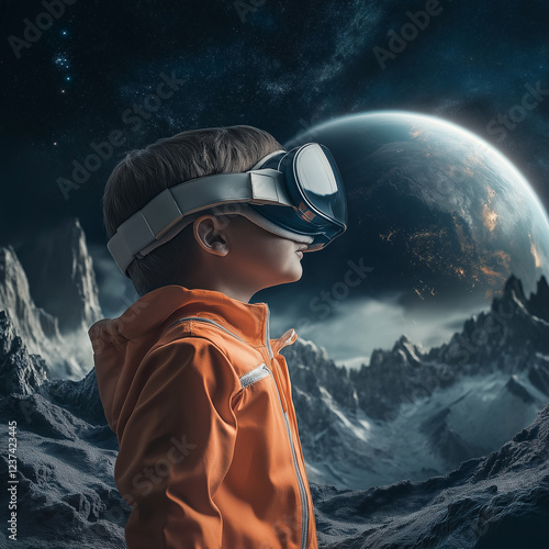 Exploring virtual realities young boy in vr goggles outer space setting digital art cosmic landscape side view imagination and adventure photo