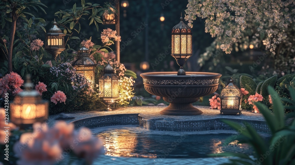 Enchanted Garden Oasis: Nighttime Serenity at a Moorish-Inspired Fountain Enchanted Garden Oasis: Nighttime Serenity at a Moorish-Inspired Fountain