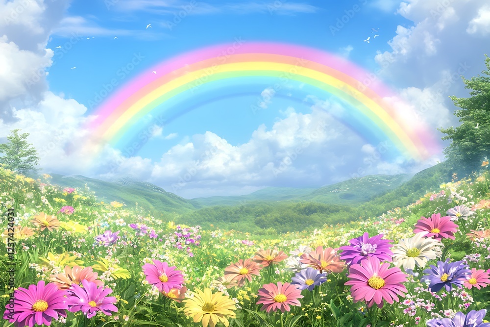 A surreal scene of a rainbow-colored flower meadow, vibrant colors, and dreamy landscape concept A surreal scene of a rainbow-colored flower meadow, vibrant colors, and dreamy landscape concept