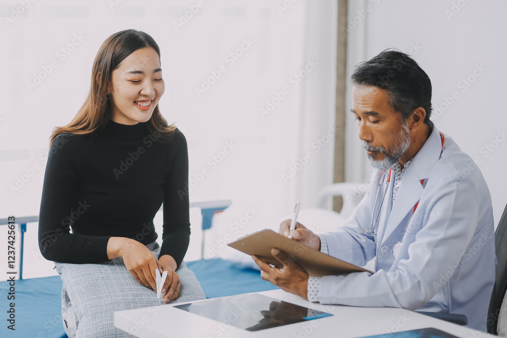 Individual hospital where community-based age and young lady passes.Doctor checking patient. Individual hospital where community-based age and young lady passes.Doctor checking patient.