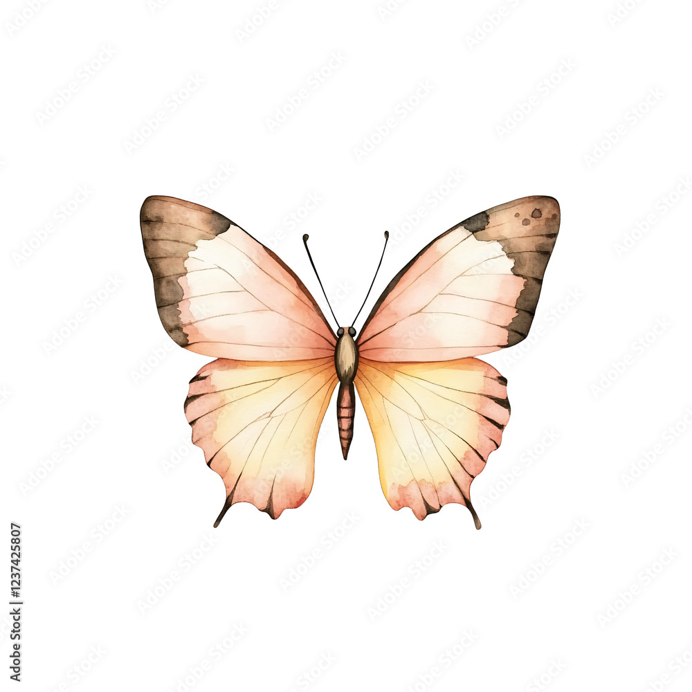 Obraz premium Delicate Watercolor Butterfly: A delicate watercolor illustration of a vibrant butterfly, with pastel pink wings adorned with intricate brown markings. The butterfly's wings are outstretched.