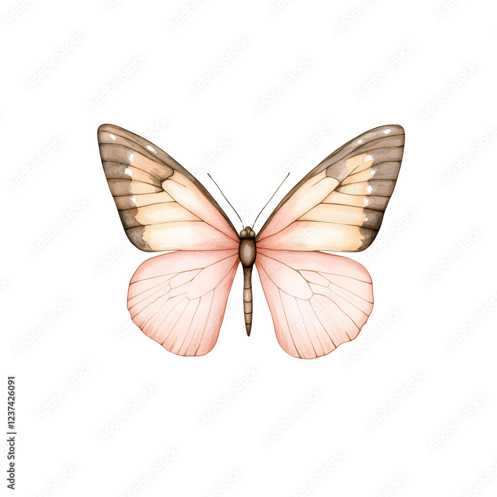 Peach Butterfly: Delicate watercolor illustration of a peach-colored butterfly with soft brown markings, showcasing intricate wing details. A gentle and serene image. Peach Butterfly: Delicate watercolor illustration of a peach-colored butterfly with soft brown markings, showcasing intricate wing details. A gentle and serene image.