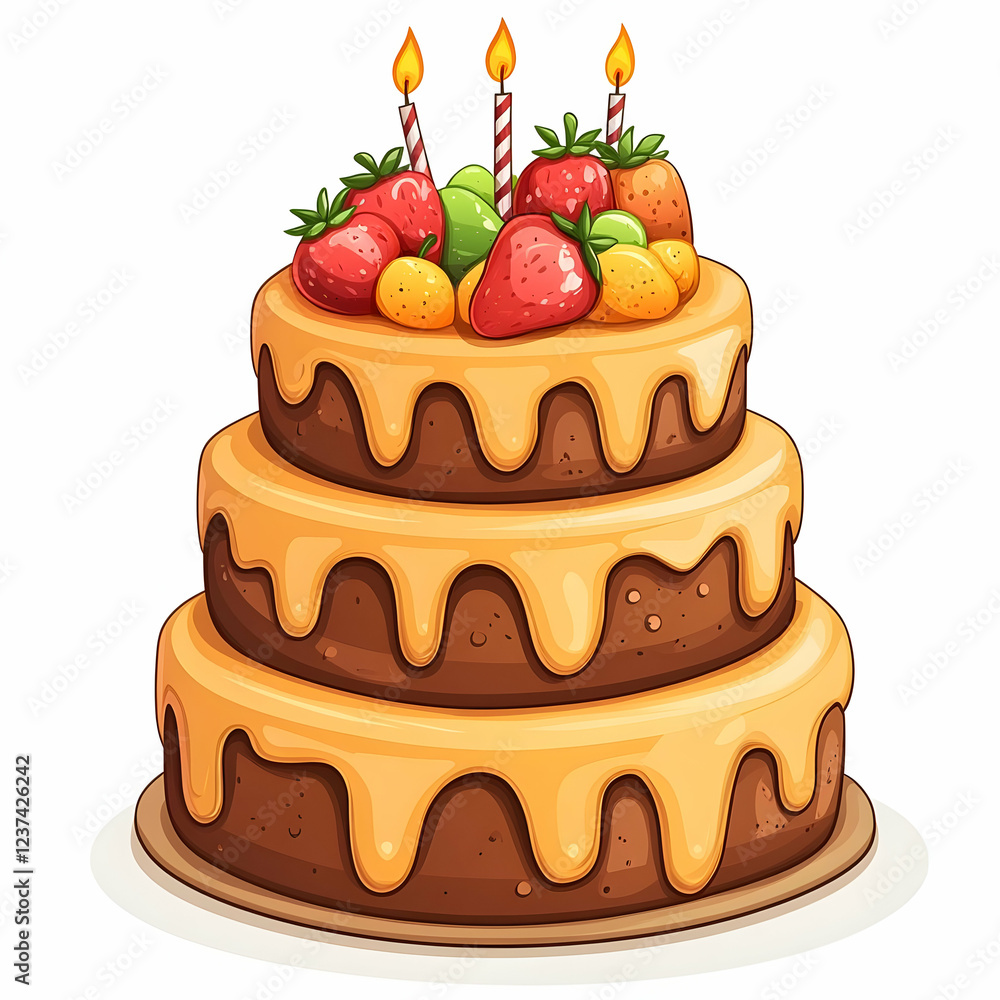Three-tiered birthday cake with fruit, candles Three-tiered birthday cake with fruit, candles