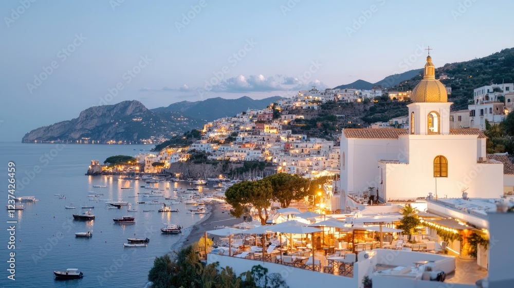 Fototapeta premium Coastal Italian town at dusk, church, seaside dining