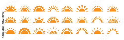 Half sun icon clipart set. Yellow sun clip art with variety of sunrays vector illustration summer logo and symbol collection.
