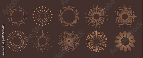 Sunburst icon clipart set. Vintage sunburst clip art logo and symbol collection with radial abstract sunrays vector illustration in dark background.
