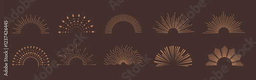 Sunburst logo clipart set. Vintage half sunburst clip art icon and symbol collection with radial sunset sunrays vector illustration in dark background.
