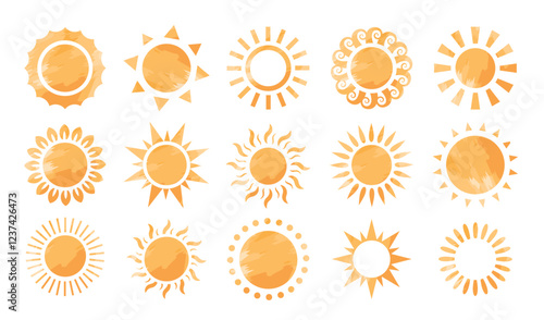 Sun abstract icon clipart set. Yellow sun clip art summer symbol flat collection with variety of sunrays vector illustration. 
