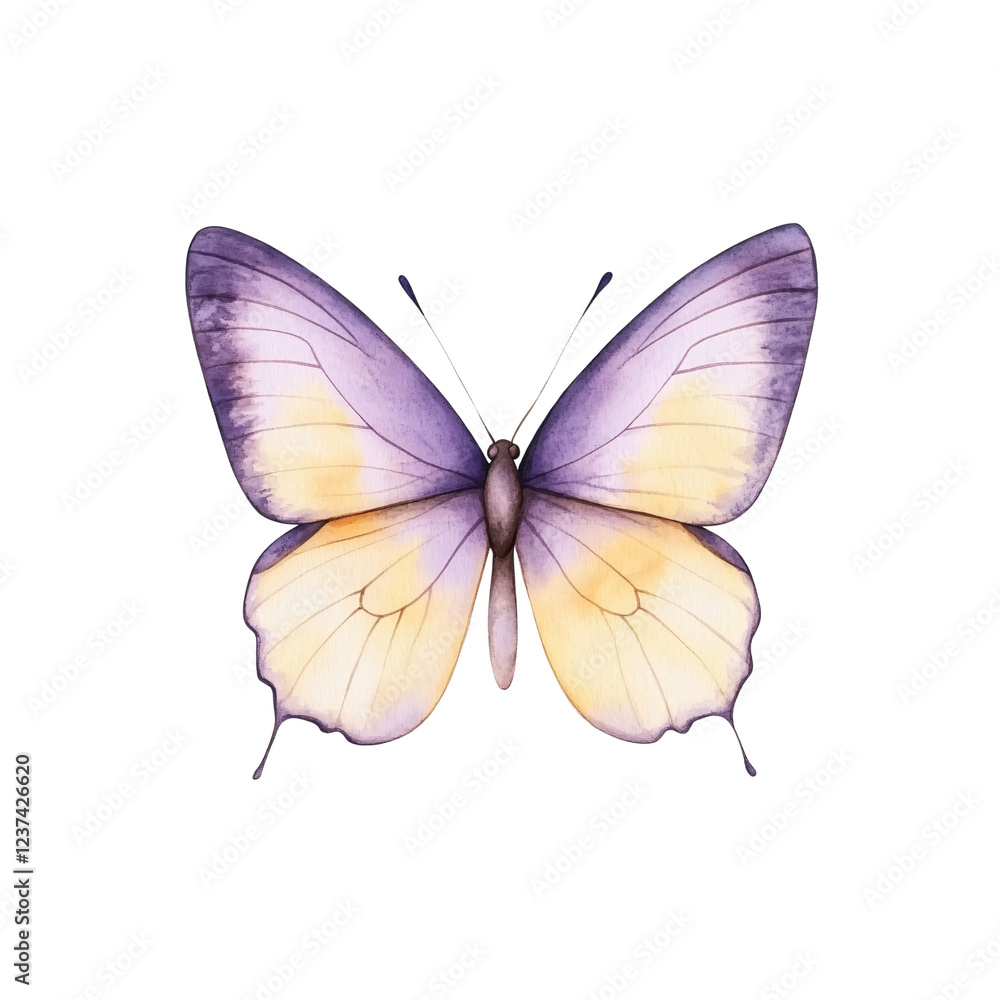 Fototapeta premium Lilac and Gold Butterfly: A delicate watercolor butterfly in vibrant shades of lilac and gold with intricate wing patterns is captured in exquisite detail. The butterfly's wings are spread open.