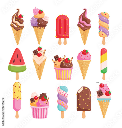 Ice cream icon clipart set. Cold and sweet ice cream clip art with flavor in popsicle stick, cone and cup elements vector illustration summer dessert flat symbol collection.
