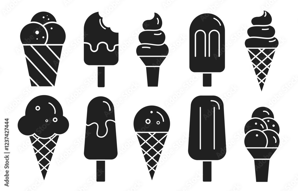 Ice cream silhouette clipart set. Ice cream icon clip art collection in cone, cup, popsicle stick and glass elements vector illustration sweet dessert outline.