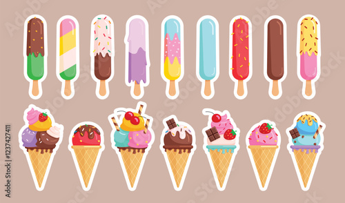 Ice cream icon clipart set. Tasty ice cream and popsicle clip art with bright white shadows and different flavor vector illustration summer dessert cartoon collection.
