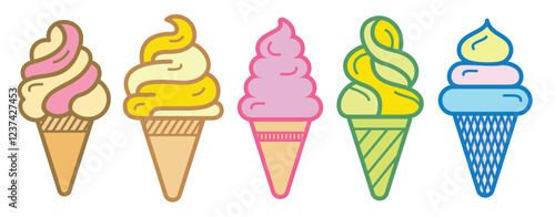 Ice cream logo clipart set. Colorful cone ice cream icon clip art in pictogram style vector illustration color pastel sweet dessert collection.
