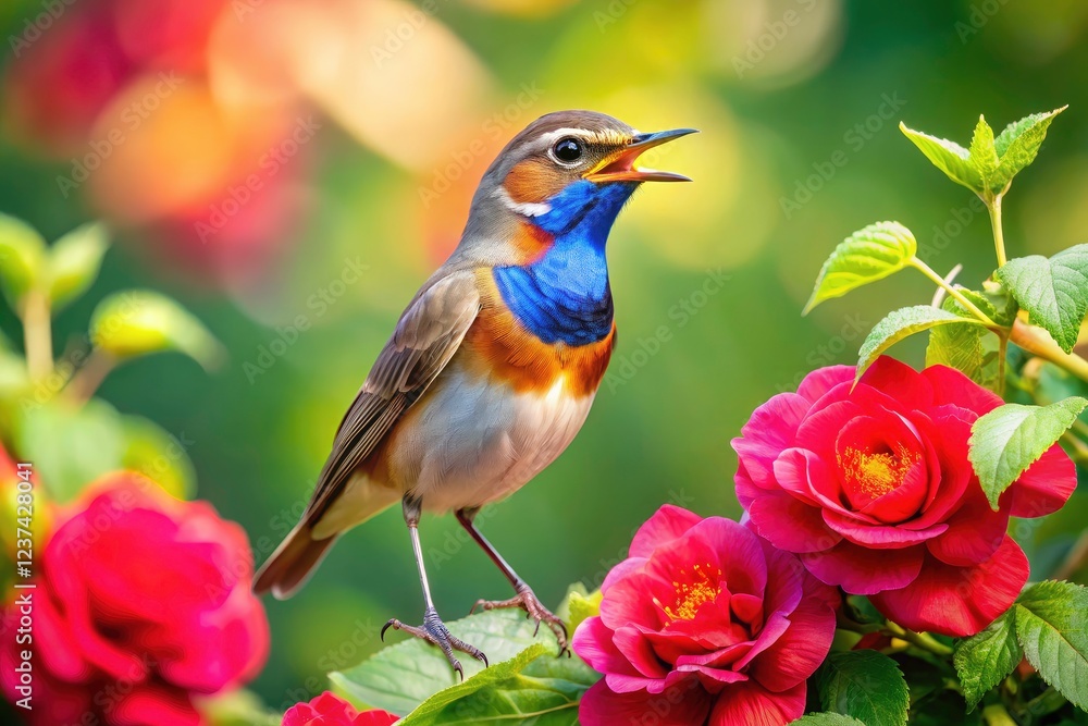 Sunny May garden: panoramic view of a singing bluethroat perched on a rose, a wildlife photographer's dream. Sunny May garden: panoramic view of a singing bluethroat perched on a rose, a wildlife photographer's dream.