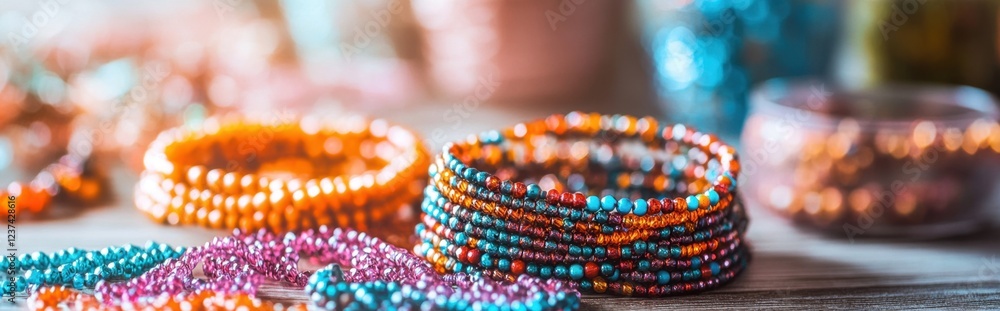 Handmade beaded bracelets in warm lighting Handmade beaded bracelets in warm lighting
