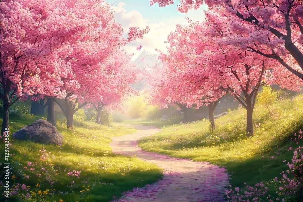 Spring trail with blooming trees, winding into the distance, capturing vibrant natural beauty, concept of tourism, fitness, outdoor exploration Spring trail with blooming trees, winding into the distance, capturing vibrant natural beauty, concept of tourism, fitness, outdoor exploration